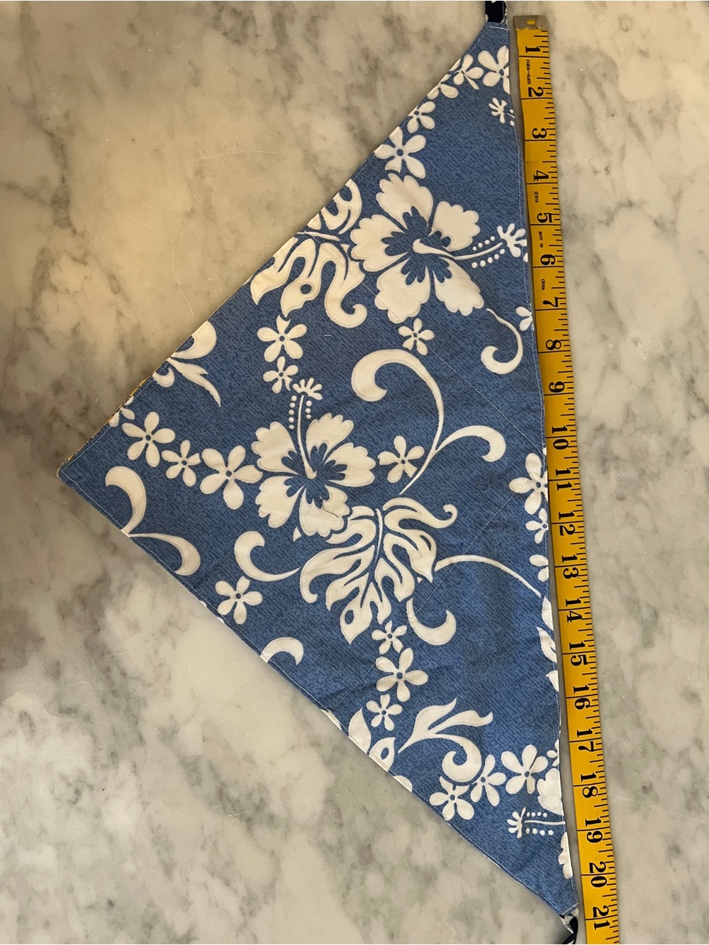 Handmade Kids Aloha Cotton Patchwork Headscarf in Blue and Yellow. 21x15”, 52” L - Picture 5 of 6